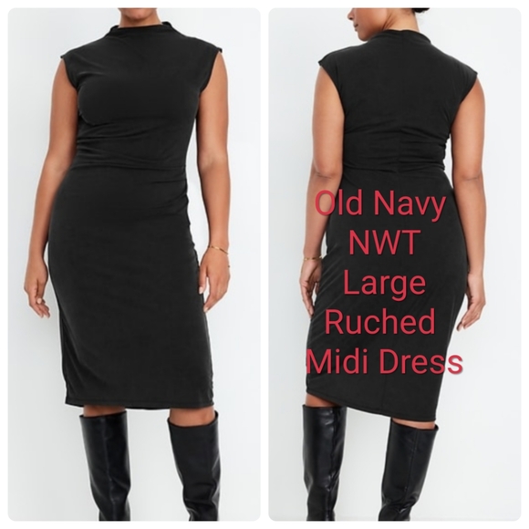 Old Navy NWT Black Ruched Midi Dress size Large - Picture 2 of 7